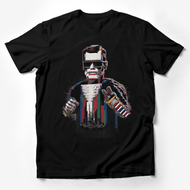 Unique 3D Pixel Art Robot T-Shirt, Colorful Geometric Design, Casual Wear for Tech Enthusiasts Male T-Shirt