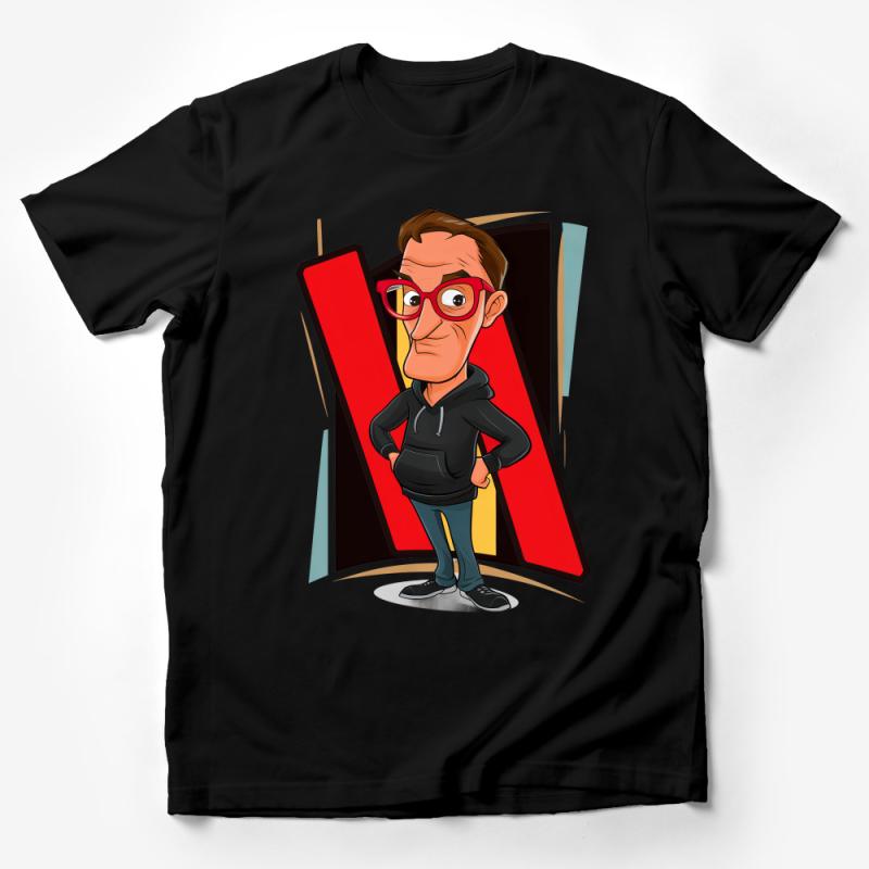 Cartoon Character Red Letter T-Shirt, Quirky Fun Geek Chic, Casual Streetwear, Bold Graphic Tee, Unique Illustration Male T-Shirt