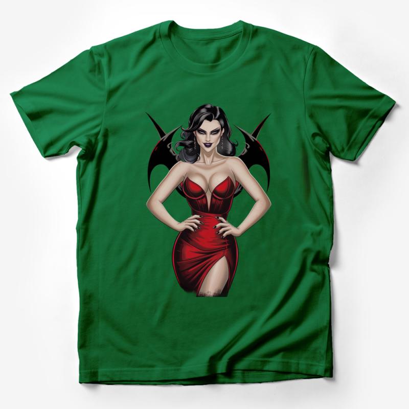 Gothic Demoness Artwork T-Shirt, Dark Fantasy Graphic Tee, Femme Fatale Fashion, Red and Black Male T-Shirt