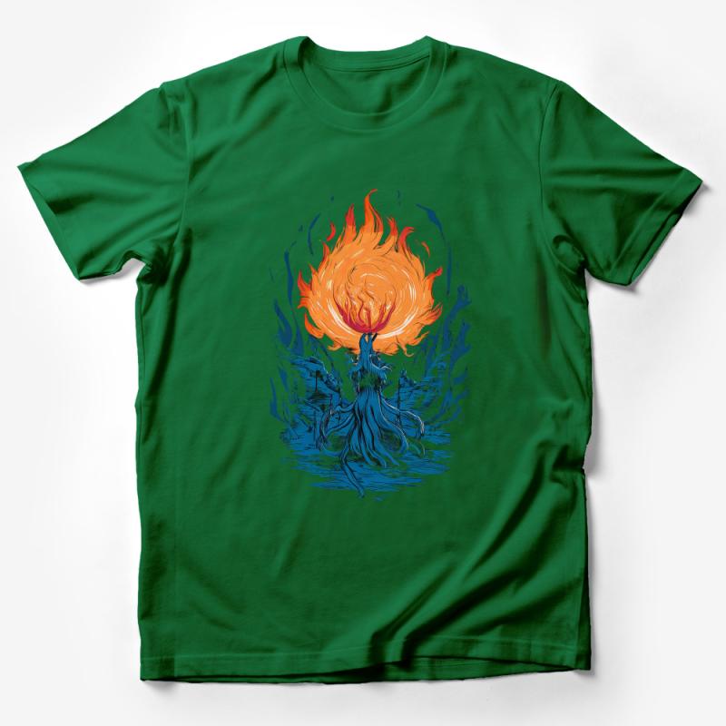 Flame Tree Artistic Design T-Shirt, Nature Inspired Fire Element Graphic Tee, Unisex Casual Wear Male T-Shirt