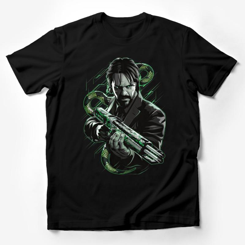 Cyberpunk Assassin Graphic T-Shirt, Futuristic Warrior Tee, Neon Snake Design, Gaming Inspired Casual Wear, Unisex Apparel Male T-Shirt