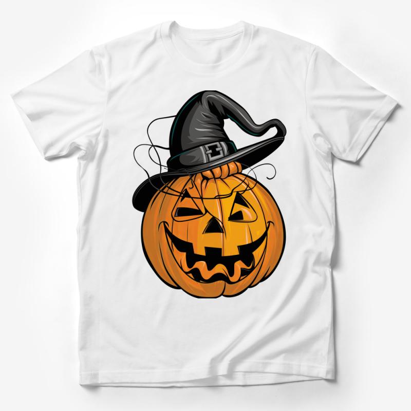 Halloween Pumpkin Witch Hat T-Shirt, Spooky Jack O'Lantern Tee, Fall Festival Apparel, October Casual Wear, Fun Costume Top Male T-Shirt