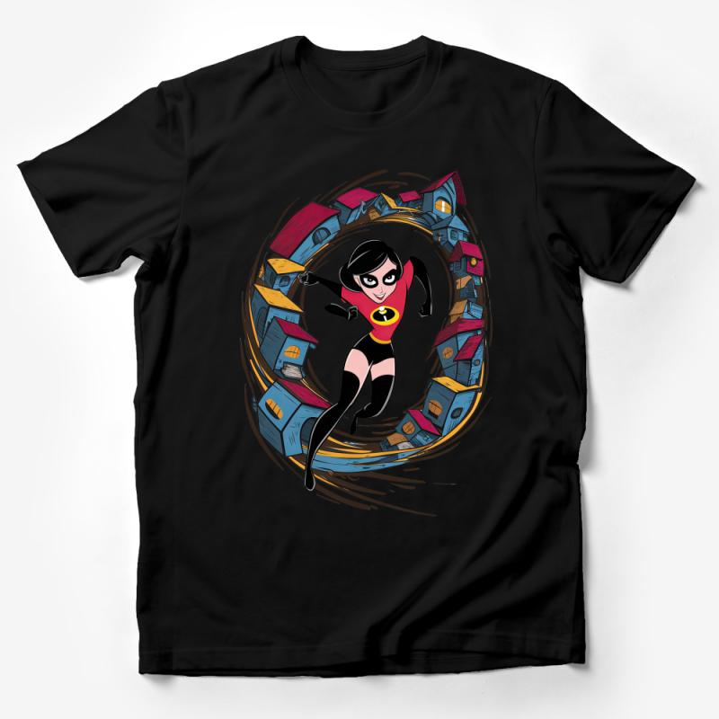 Unique Superhero Girl T-Shirt, Quirky Cartoon Comic Style Tee, Colorful House Swirl Design, Modern Pop Culture Apparel Male T-Shirt