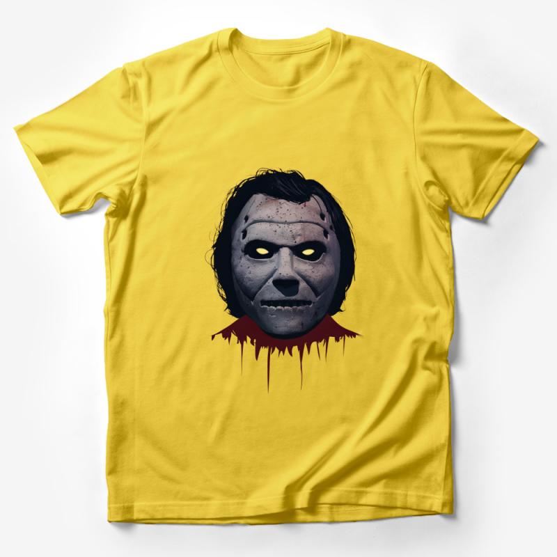 Horror Movie Inspired Mask Graphic Tee, Unisex Halloween T-Shirt, Spooky Casual Wear, Creepy Villain Face Print, All Sizes Available Male T-Shirt