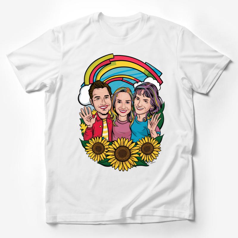 Colorful Cartoon Family Portrait T-Shirt, Sunflowers and Rainbow Graphic Tee, Casual Wear for All Ages Male T-Shirt