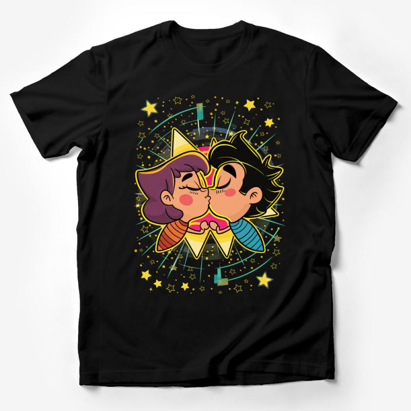 Cute Cartoon Star Kiss T-Shirt, Colorful Graphic Tee, Unisex Casual Shirt, Trendy Love Design Top, Fashion Couple Illustration Male T-Shirt