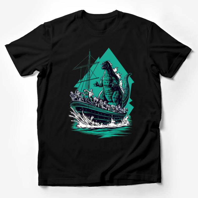 Vintage Godzilla Sailboat T-Shirt, Nautical Graphic Tee, Retro Monster Movie Inspired Shirt, Unique Sea Adventure Top, Unisex Apparel Male T-Shirt