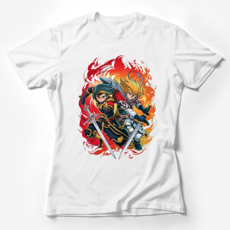 Fantasy Swordsmen T-Shirt, Epic Battle Graphic Tee, Fire and Ice Duel, Bold Colors, Unisex Adult Clothing, Gamer Gift Idea Female T-Shirt