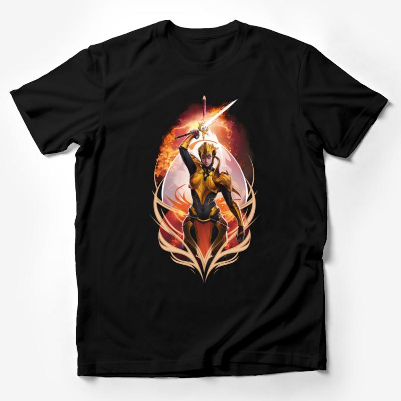 Fantasy Warrior Graphic Tee, Women's Fitted T-Shirt, Fire Sword Art, Dungeons Game Inspired Top Male T-Shirt