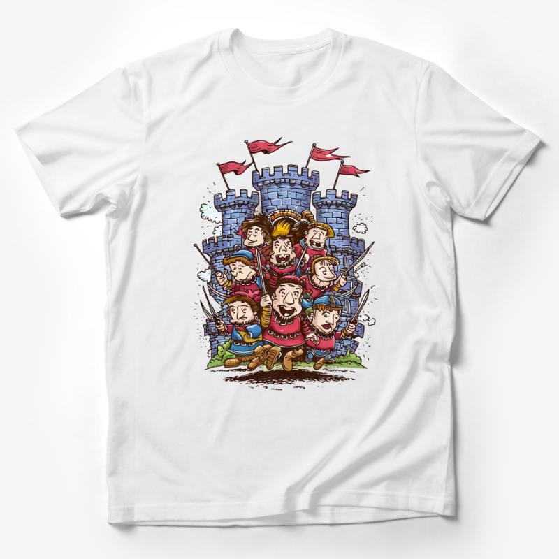 Medieval Castle Siege Cartoon T-Shirt, Fun Knights and Fortress Graphic Tee, Unisex Clothing Male T-Shirt