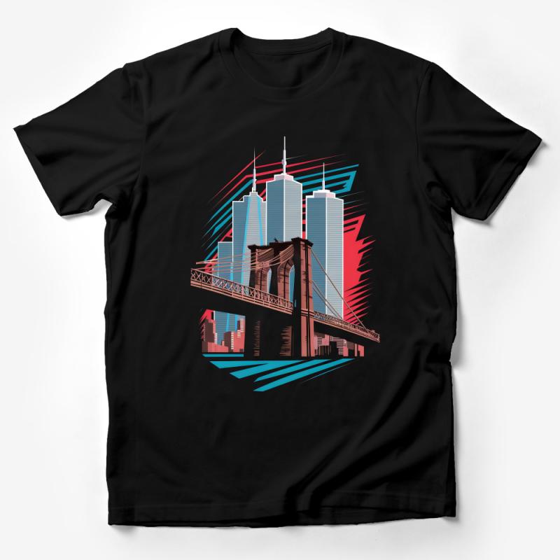 Urban Skyline T-Shirt, Modern City Graphic Tee, Artistic Bridge Illustration, Unisex Apparel Male T-Shirt