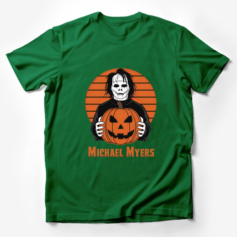 Halloween Horror Movie Character T-Shirt, Michael Myers with Pumpkin, Unisex Graphic Tee, Spooky Orange Stripe Background, Fans Apparel Male T-Shirt