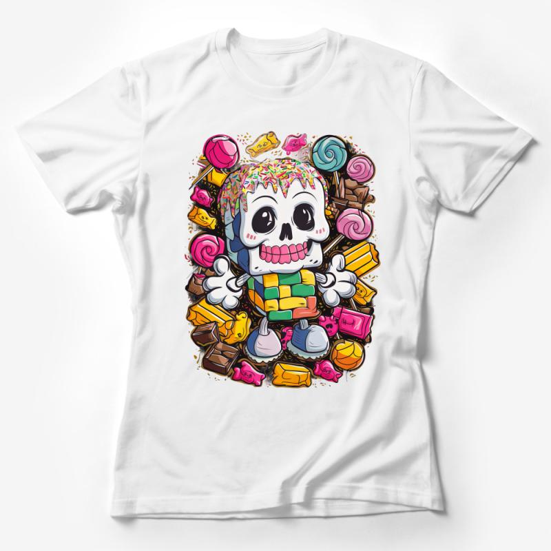 Colorful Candy Skull T-Shirt, Bright Sugar Skull Tee, Whimsical Dia de Los Muertos Apparel, Unisex Graphic Skull Shirt, Gift for Candy Lovers Female T-Shirt