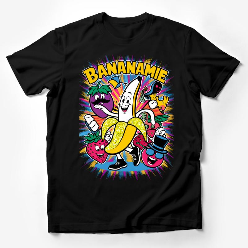 Vibrant Cartoon Fruit Characters Dancing T-Shirt, Whimsical Banana Graphic Tee, Unisex Party Shirt, Fun Foodie Shirt Male T-Shirt