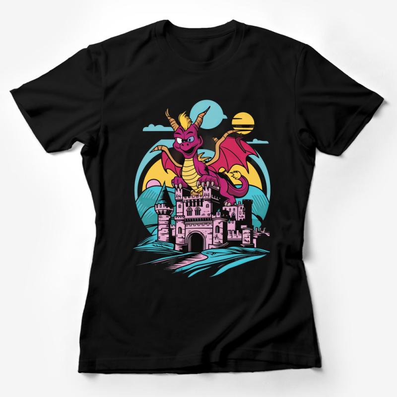 Whimsical Dragon T-Shirt, Fantasy Creature Tee, Castle and Sunset Graphic Shirt, Unisex Fantasy Apparel, Gift for Fantasy Lovers Female T-Shirt