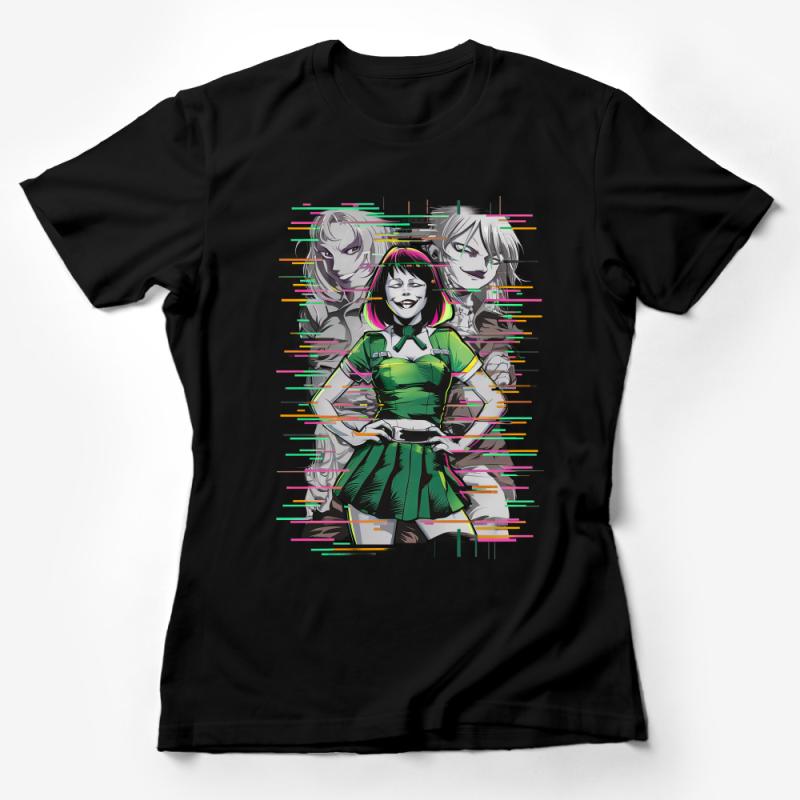 Animated Characters Colorful T-Shirt, Retro Style Graphic Tee, Unisex Casual Manga Inspired Shirt, Vibrant Comic Art Clothing Female T-Shirt