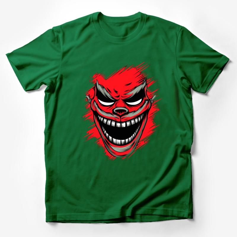 Red Grinning Demon T-Shirt, Edgy Streetwear Graphic Tee, Unisex Bold Evil Smile Shirt, Urban Fashion Top, Cool Villain Design Apparel Male T-Shirt