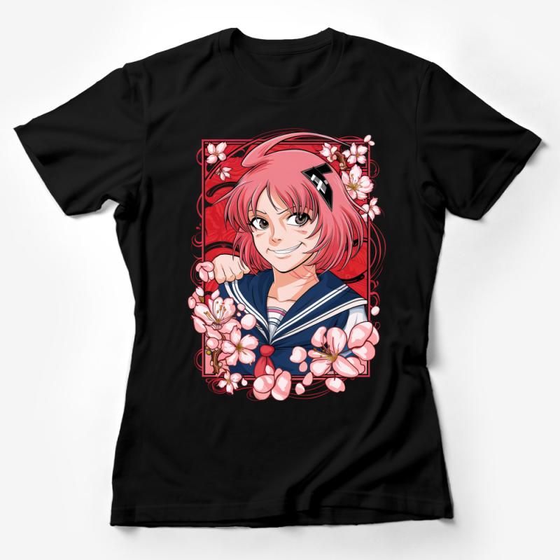 Anime Girl Cherry Blossom Graphic Tee, Sakura Themed Casual T-Shirt, Pink Hair Manga Character Top, Unisex Otaku Apparel Female T-Shirt