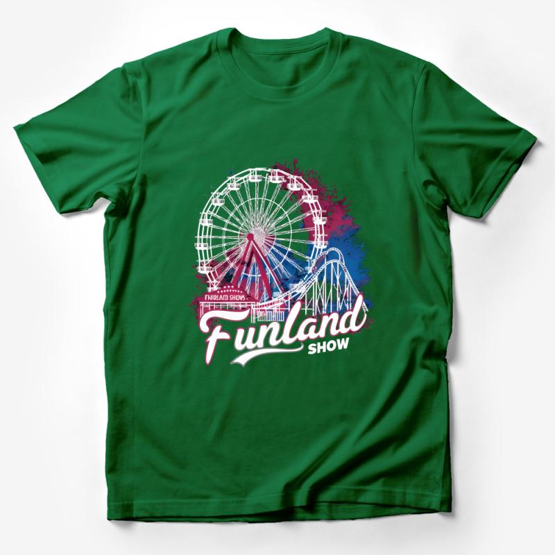 Vibrant Amusement Park Funland Show Graphic Tee, Artistic Ferris Wheel and Roller Coaster Design Male T-Shirt