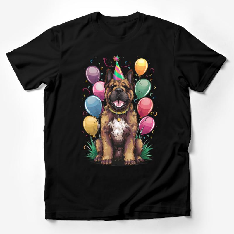 Happy Birthday Celebration Dog T-Shirt with Colorful Balloons and Party Hat Male T-Shirt