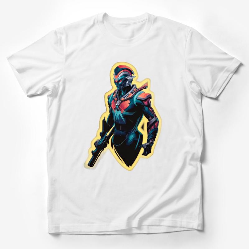 Futuristic Warrior Illustration T-Shirt, Bold Sci-Fi Character Design, Vibrant Colors Graphic Tee Male T-Shirt