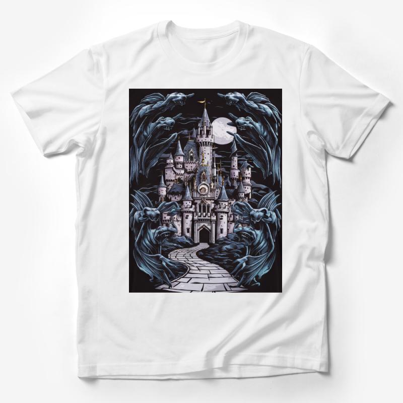 Gothic Castle T-Shirt, Fantasy Art Tee, Moonlight Mystical Castle with Creepy Creatures, Dark Fairy Tale Fashion, Unisex Graphic Shirt Male T-Shirt