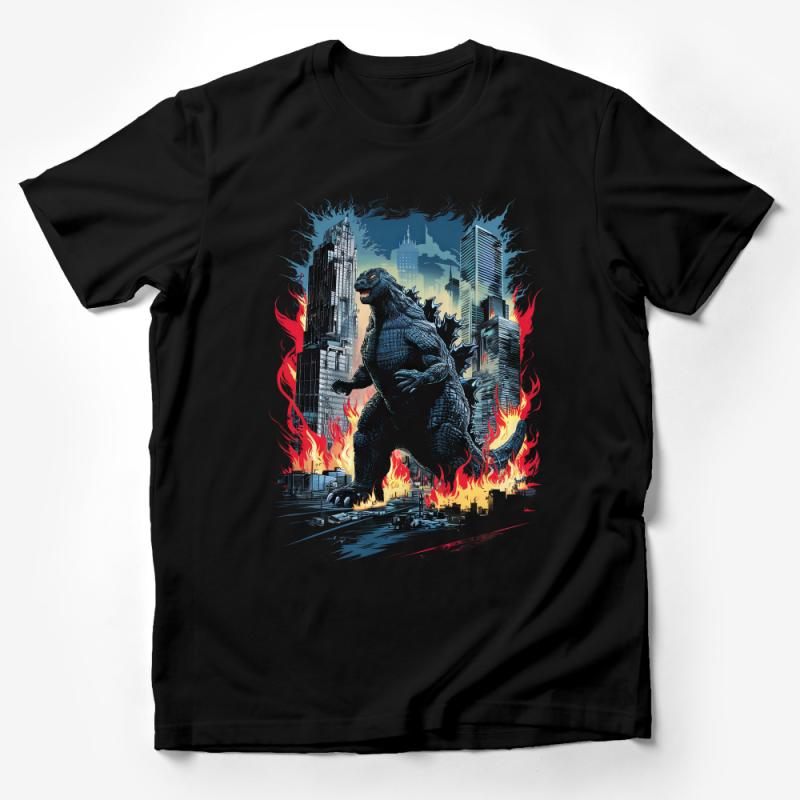 Urban Monster T-Shirt, Graphic City Destruction Tee, Fiery Rampage Illustration, Unisex Adult Clothing Male T-Shirt