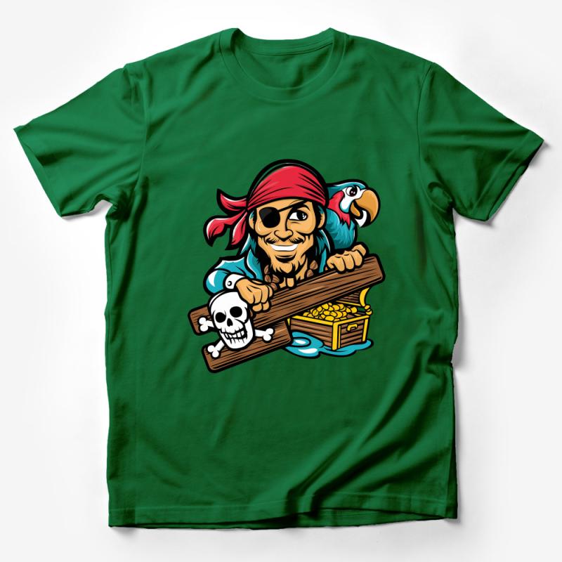 Pirate Graphic Tee for Men, Treasure Chest Parrot Illustration Shirt, Unique Pirate Party Costume, Fun Birthday Gift Idea Male T-Shirt