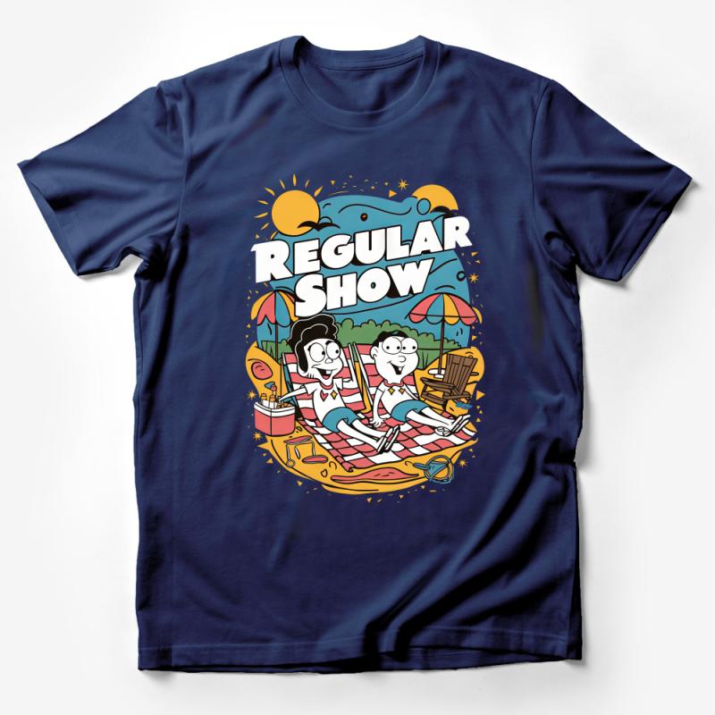 Regular Show Inspired Cartoon Graphic T-Shirt, Unisex Beach Scene Tee, Casual Summer Cotton Shirt, Animated Character Top Male T-Shirt