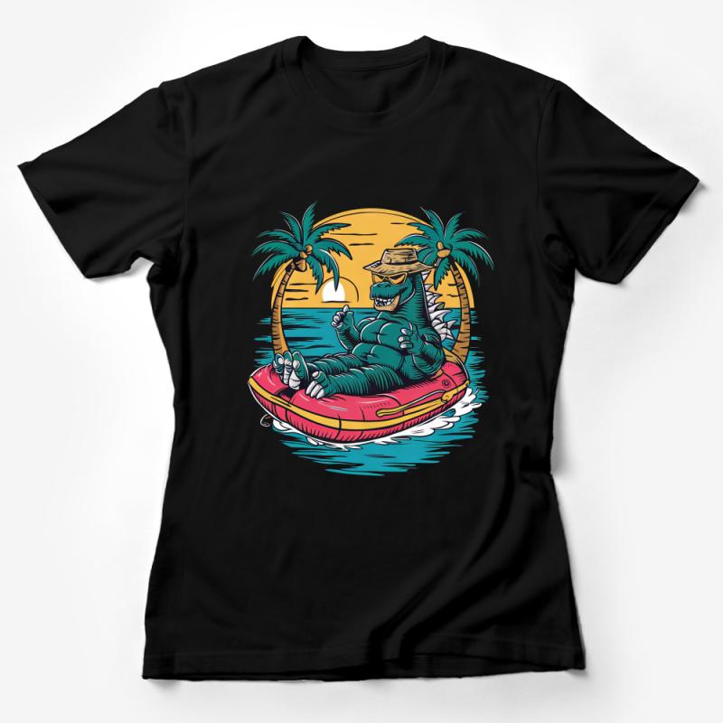 Tropical Dinosaur T-Shirt, Funny Godzilla Beach Tee, Unisex Summer Vacation Shirt, Palm Trees Sunset Graphic Tee Female T-Shirt