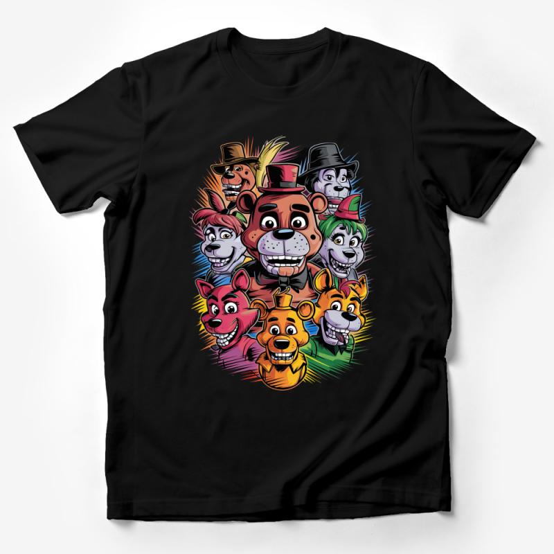 Colorful Cartoon Animatronic Characters T-Shirt, Retro Gamer Graphic Tee, Unisex Casual Shirt Male T-Shirt