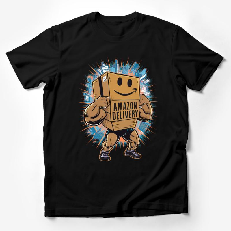 Muscular Cartoon Character Amazon Delivery T-Shirt, Funny Parody Tee, Urban Comics Style Shirt, Unique Graphic Design Top Male T-Shirt