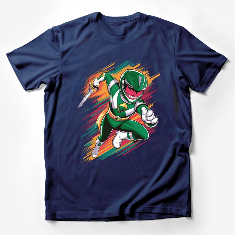 Action-Packed Green Hero T-Shirt, Vibrant Comic Style Artwork With Retro Flair Male T-Shirt