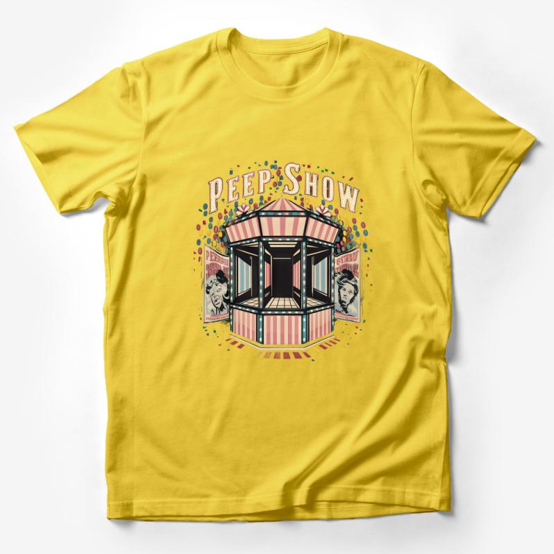 Vintage Peep Show Carousel Graphic Tee, Retro Carnival T-Shirt, Unisex Adult Circus Theme Shirt, Unique Festival Top, Eclectic Apparel Male T-Shirt