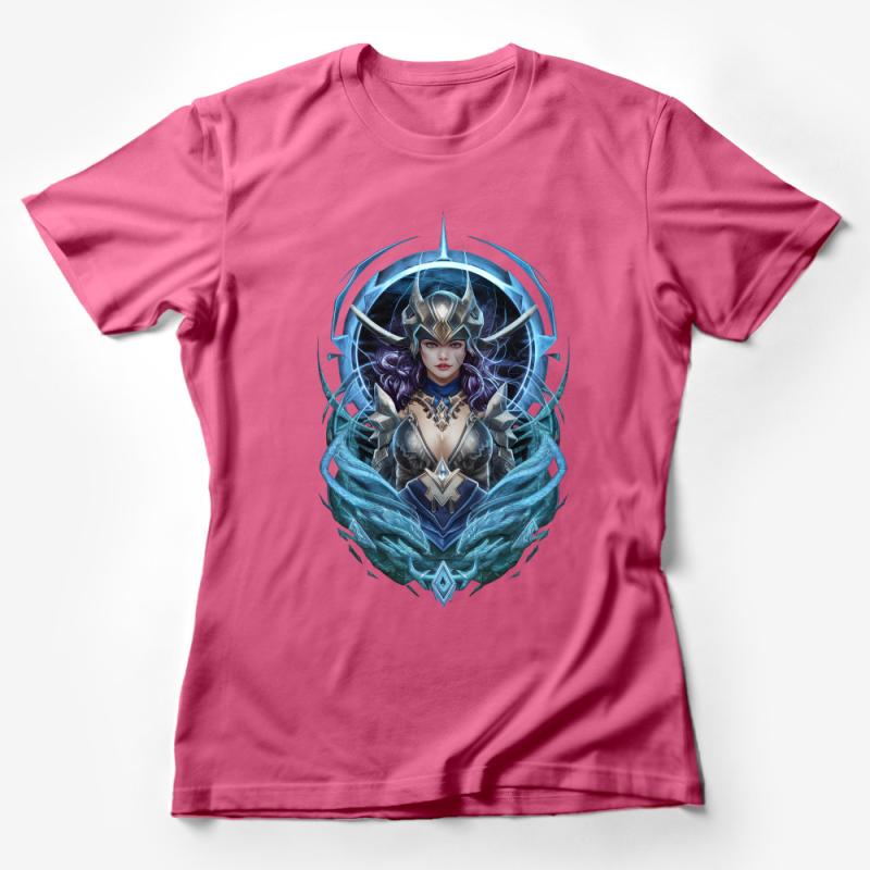 Fantasy Warrior Queen T-Shirt, Women's Artistic Armor Tee, Mystical Ice Element Graphic Top, Unique Illustration Shirt, Bold Fashion Female T-Shirt