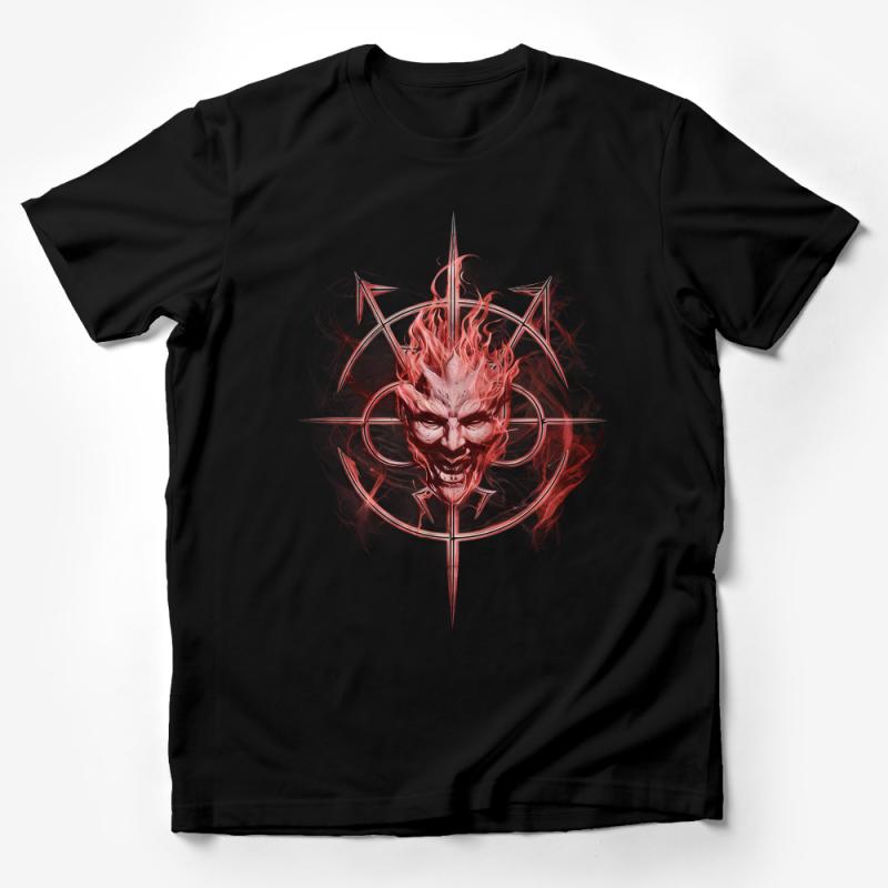 Gothic Demon Graphic Tee, Red and Black Fiery Skull T-Shirt, Unisex Horror Punk Rock Shirt, Dark Fantasy Artwork Apparel Male T-Shirt