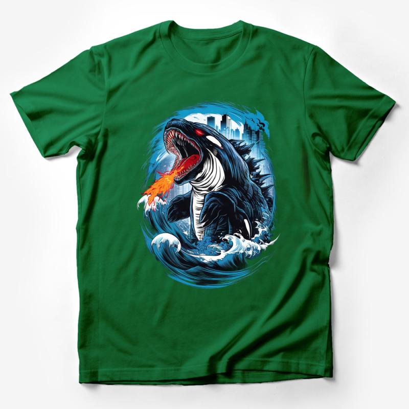 Urban Fire-Breathing Dragon T-Shirt, Graphic Tee, Fantasy Creature Shirt, City Skyline, Unique Illustration, Unisex Apparel Male T-Shirt