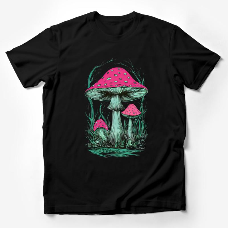 Fantasy Mushroom Art T-Shirt, Pink Spotted Forest Fungi Graphic Tee, Unique Nature Illustration Shirt, Unisex Clothing Gift Male T-Shirt