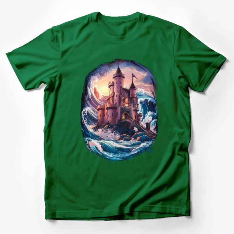 Fantasy Castle T-Shirt, Enchanted Ocean Fortress, Sunset Scenery, Waves Illustration Tee, Magical Artwork, Unisex Graphic Shirt Male T-Shirt