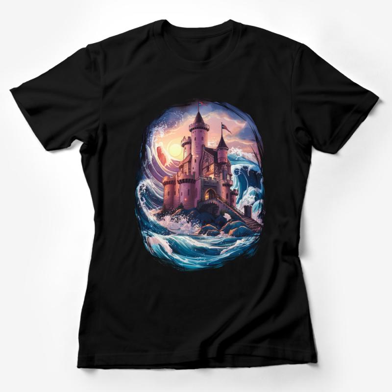 Fantasy Castle T-Shirt, Enchanted Ocean Fortress, Sunset Scenery, Waves Illustration Tee, Magical Artwork, Unisex Graphic Shirt Female T-Shirt