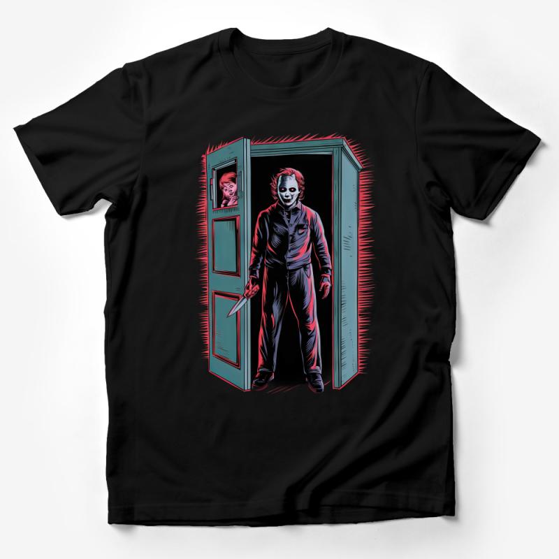 Creepy Masked Character Horror Movie Inspired Graphic T-Shirt, Unique Frightening Illustration Tee Male T-Shirt