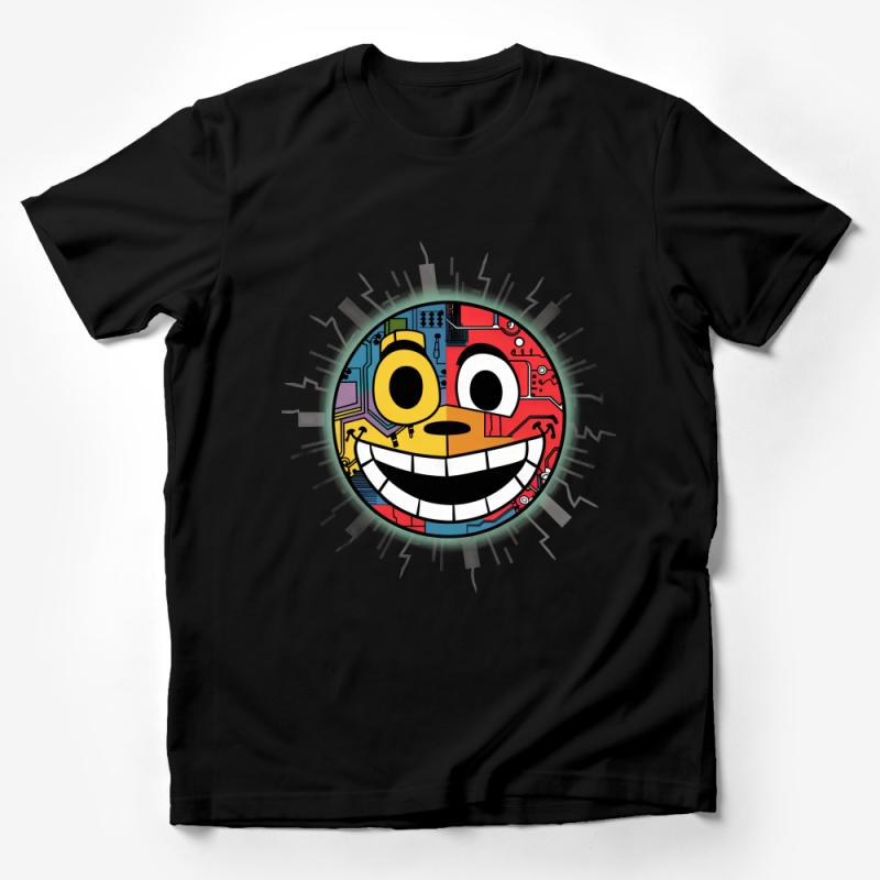 Colorful Cyborg Smile Face Graphic Tee, Unisex Funky Art T-Shirt, Quirky Robot Illustration Apparel Male T-Shirt