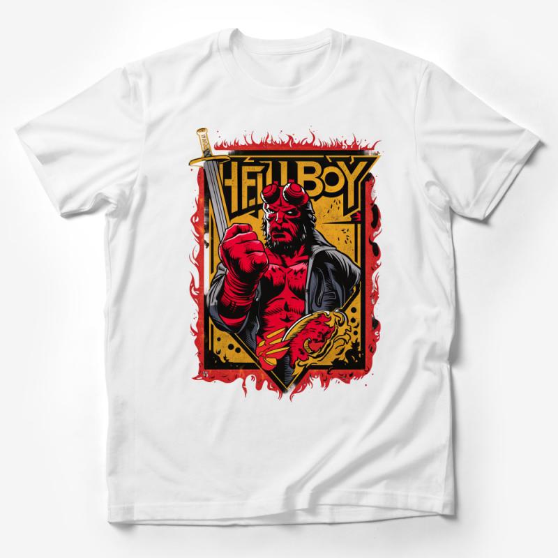 Hellboy Inspired Graphic T-Shirt, Comic Book Superhero Design with Flames Male T-Shirt