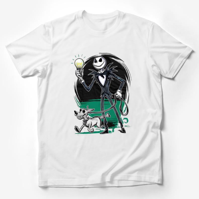 Unique Spooky Character and Dog Cartoon T-Shirt, Halloween Inspired Graphic Tee with Light Bulb Male T-Shirt