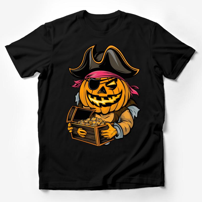 Pirate Pumpkin T-Shirt, Halloween Jack-O-Lantern with Treasure Chest, Men's Women's Unisex Tee, Fall Season Costume Party Top Male T-Shirt