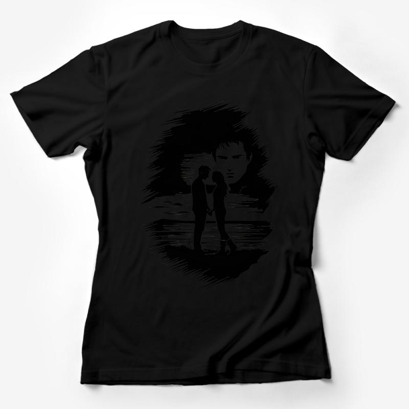 Romantic Couple Silhouette Graphic Tee, Love Story Casual Shirt, Unique Black and White T-Shirt Design, Gift for Couples Female T-Shirt