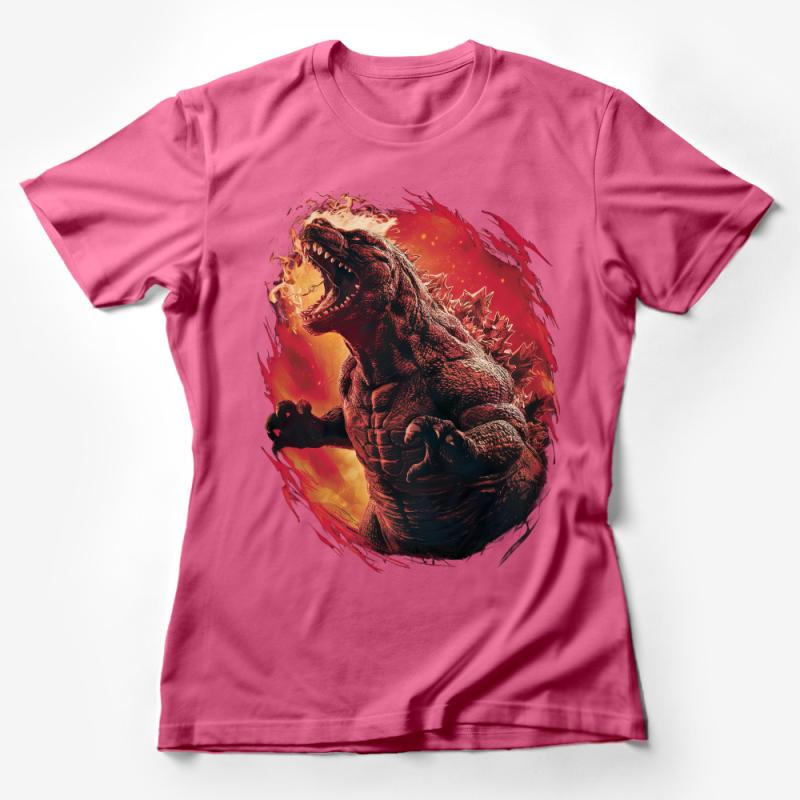 Fire-Breathing Dinosaur Graphic T-Shirt, Bold Red and Orange Tyrannosaurus Rex, Unisex Tee Female T-Shirt