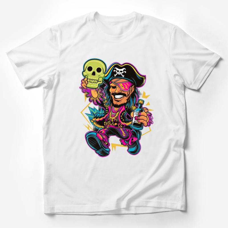 Pirate Skull T-Shirt, Colorful Cartoon Graphic Tee, Funny Pirate with Rum Bottle Top, Unisex Casual Wear, Vibrant Illustrated Apparel Male T-Shirt