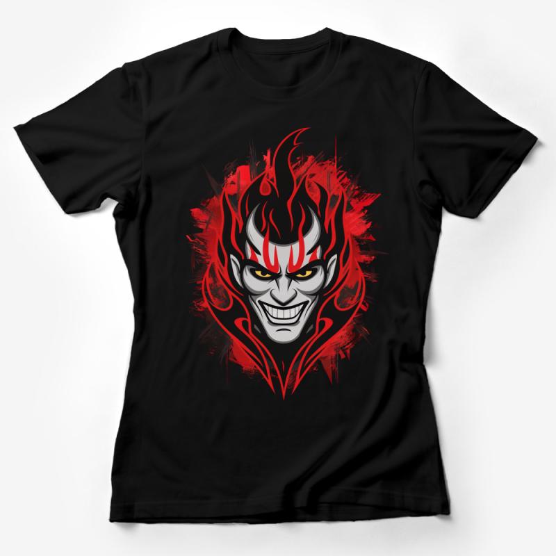 Men's Graphic Tee, Red and Black Demon Face, Edgy Streetwear T-Shirt, Unique Urban Style Top, Bold Fiery Design Shirt, Casual Wear Female T-Shirt