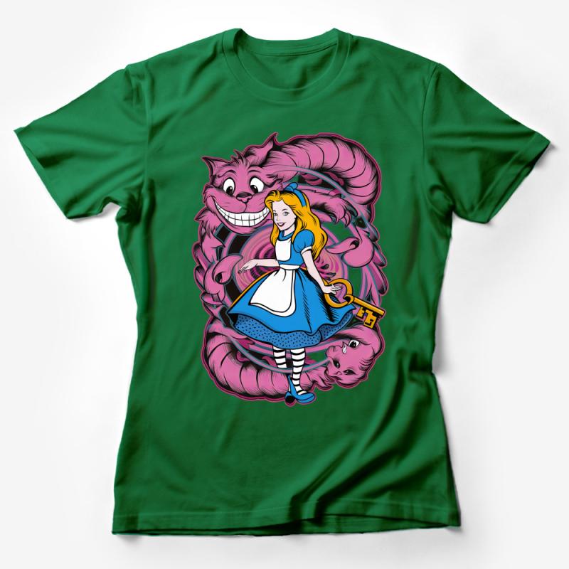 Alice in Wonderland Cheshire Cat Graphic Tee, Vibrant Colorful Fantasy T-Shirt, Unisex Cartoon Character Cotton Shirt Female T-Shirt